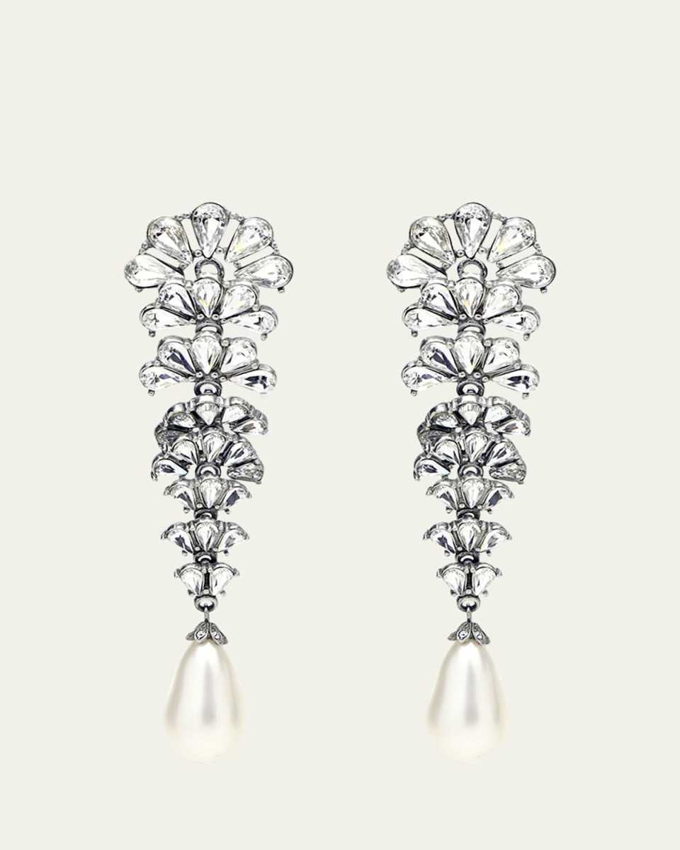 Crystal Fan Earrings w/ Pearly Teardrop